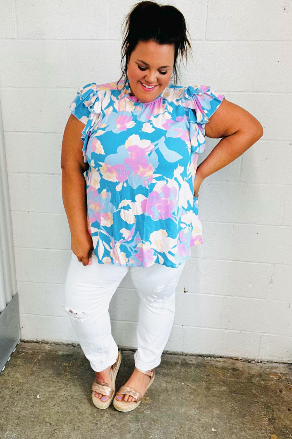 Powder Blue & Lavender Double Flutter Sleeve Mock Neck Top