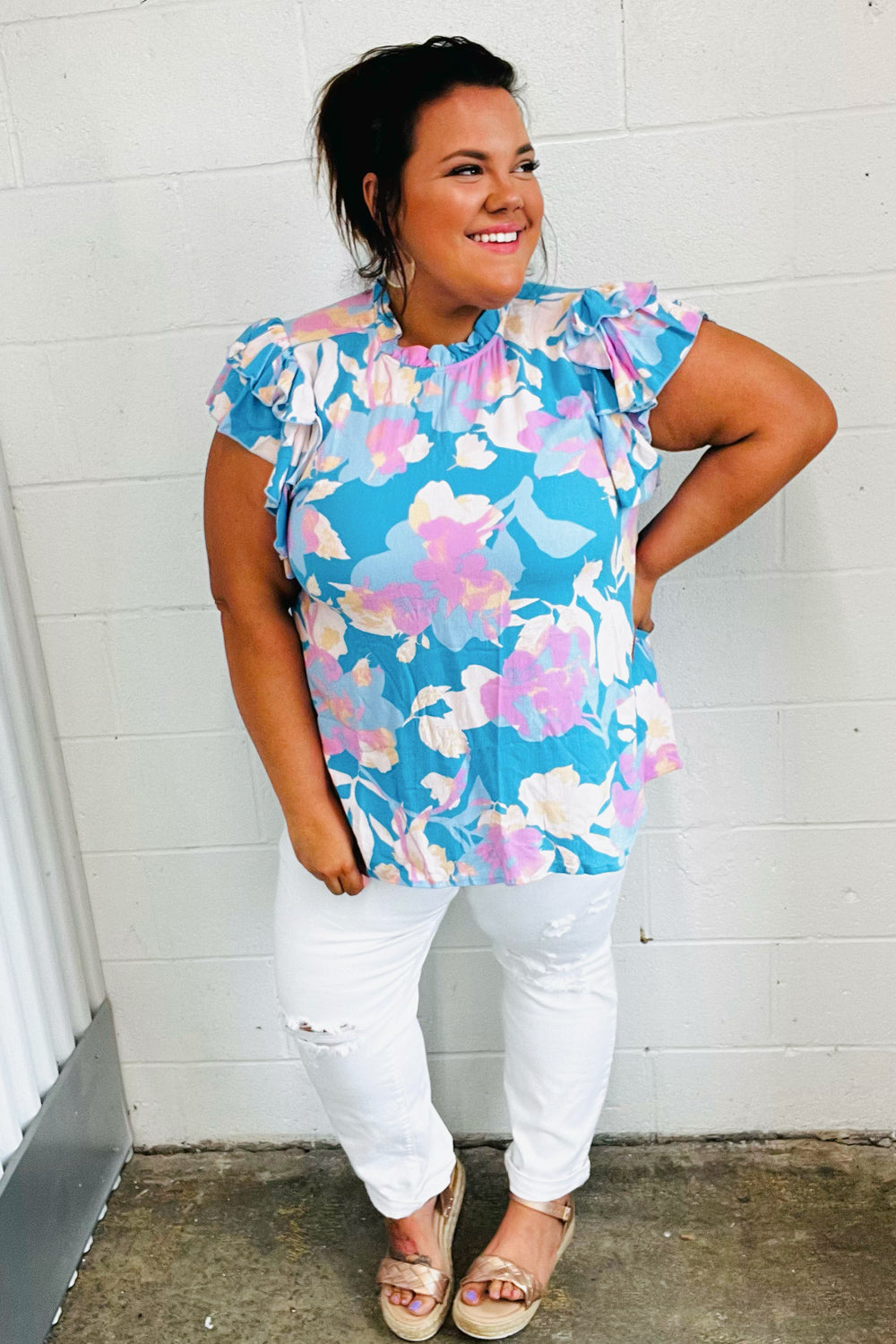 Powder Blue & Lavender Double Flutter Sleeve Mock Neck Top