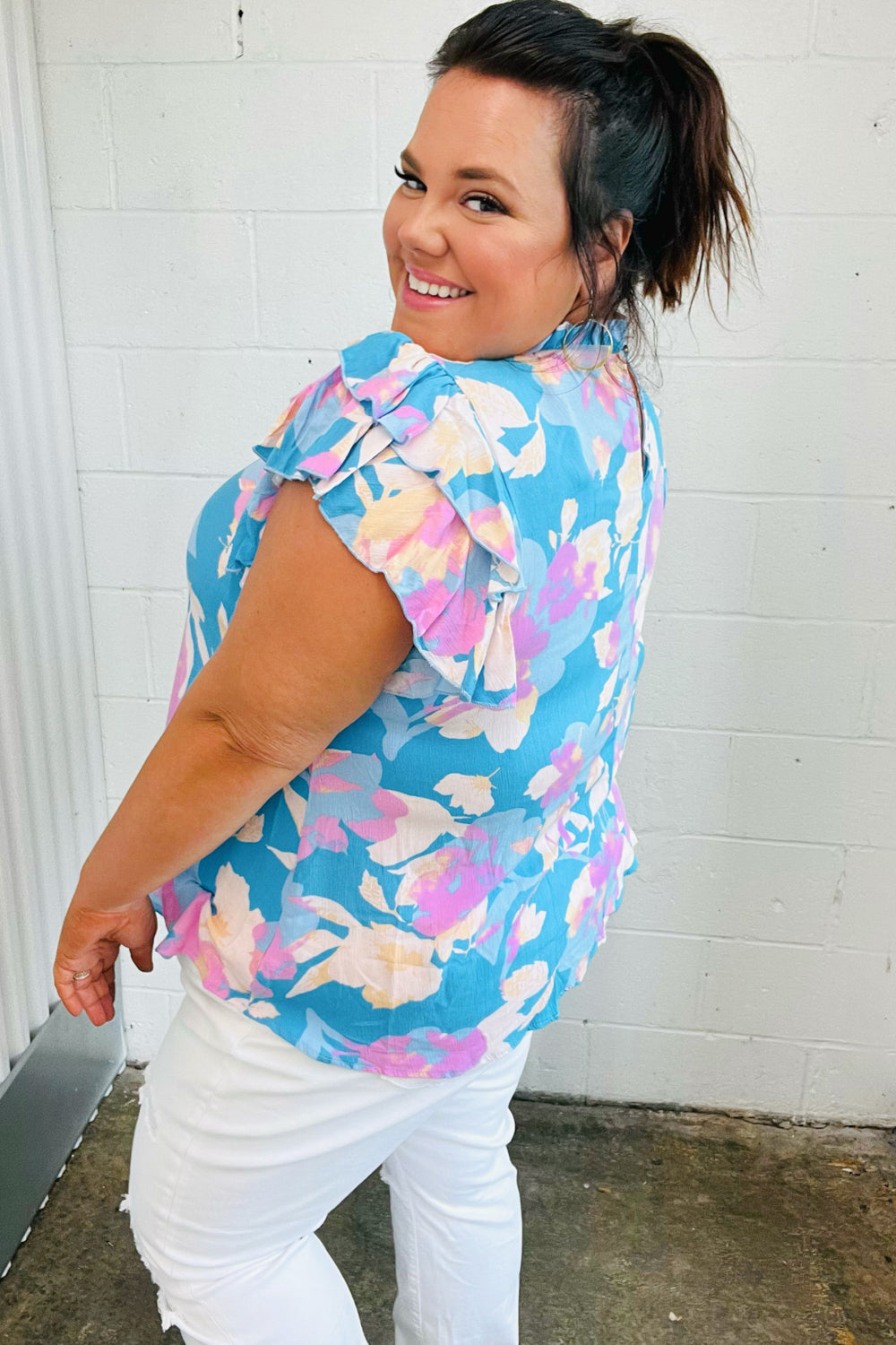 Powder Blue & Lavender Double Flutter Sleeve Mock Neck Top