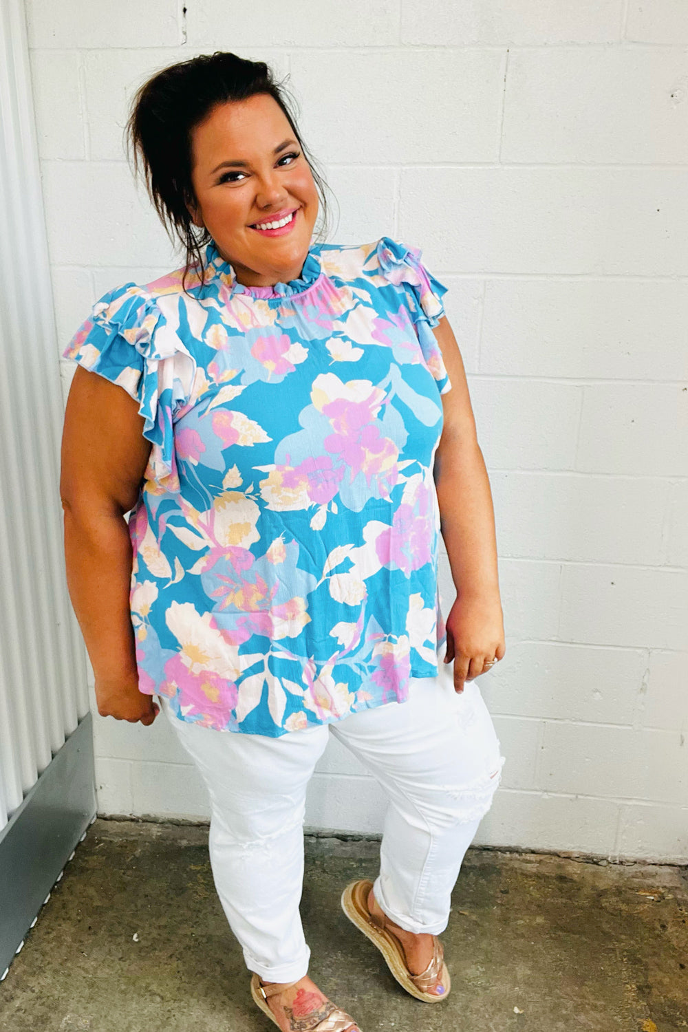 Powder Blue & Lavender Double Flutter Sleeve Mock Neck Top