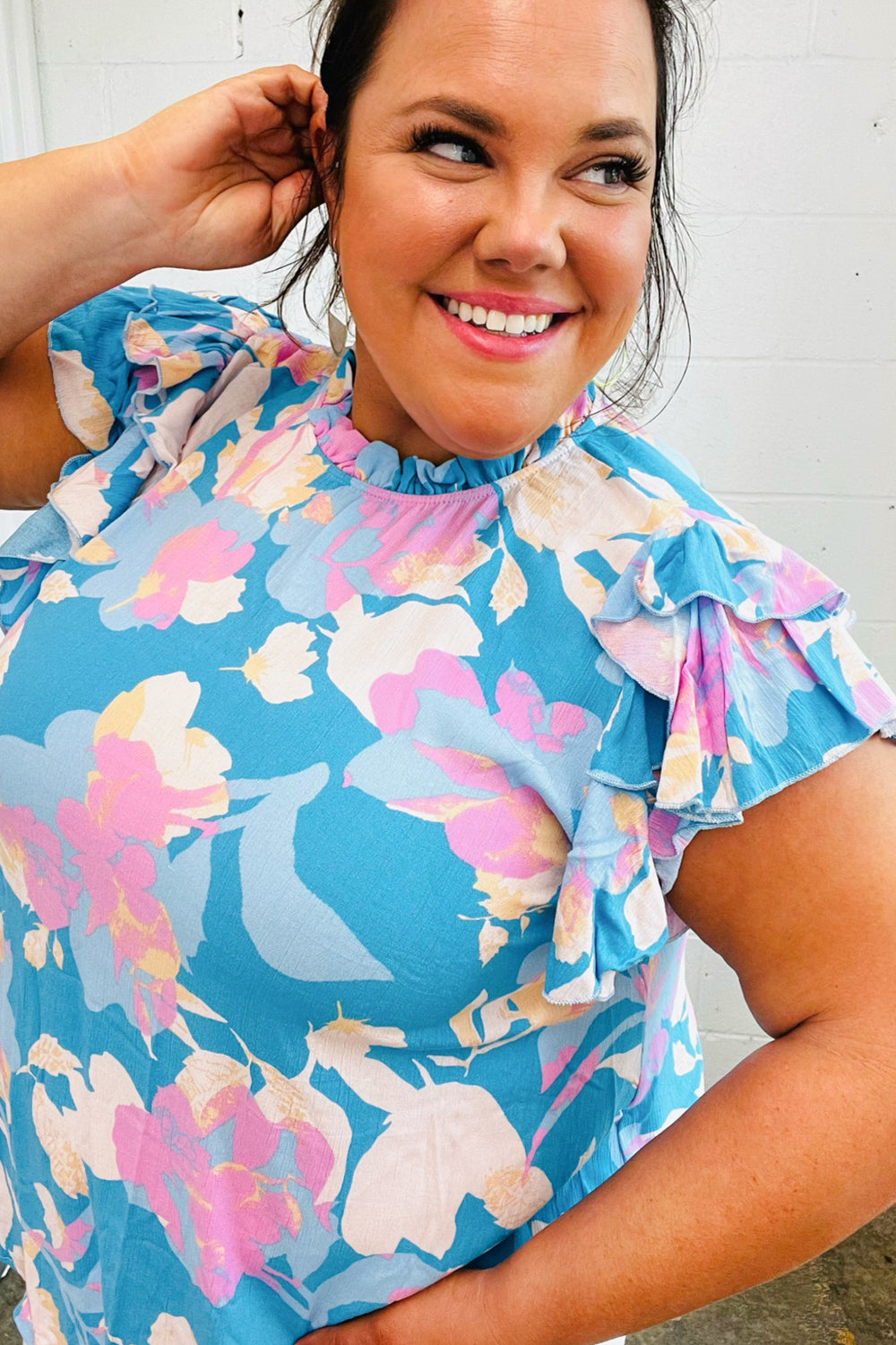 Powder Blue & Lavender Double Flutter Sleeve Mock Neck Top