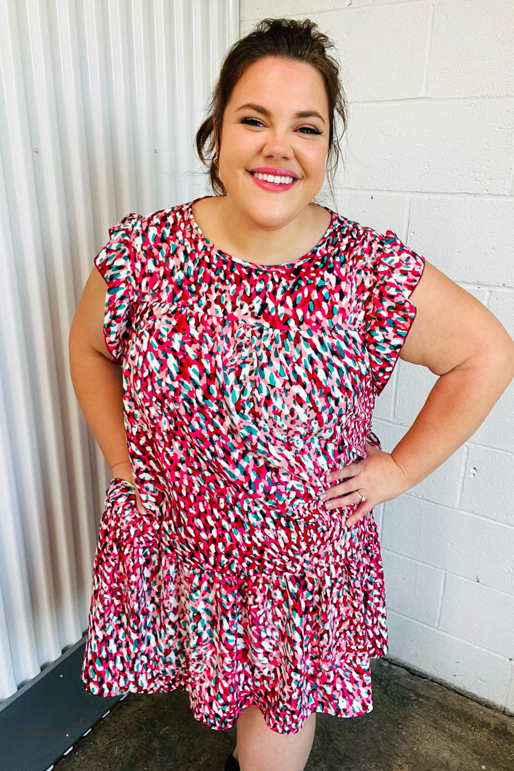 Fuchsia & Teal Abstract Dot Yoke Woven Dress