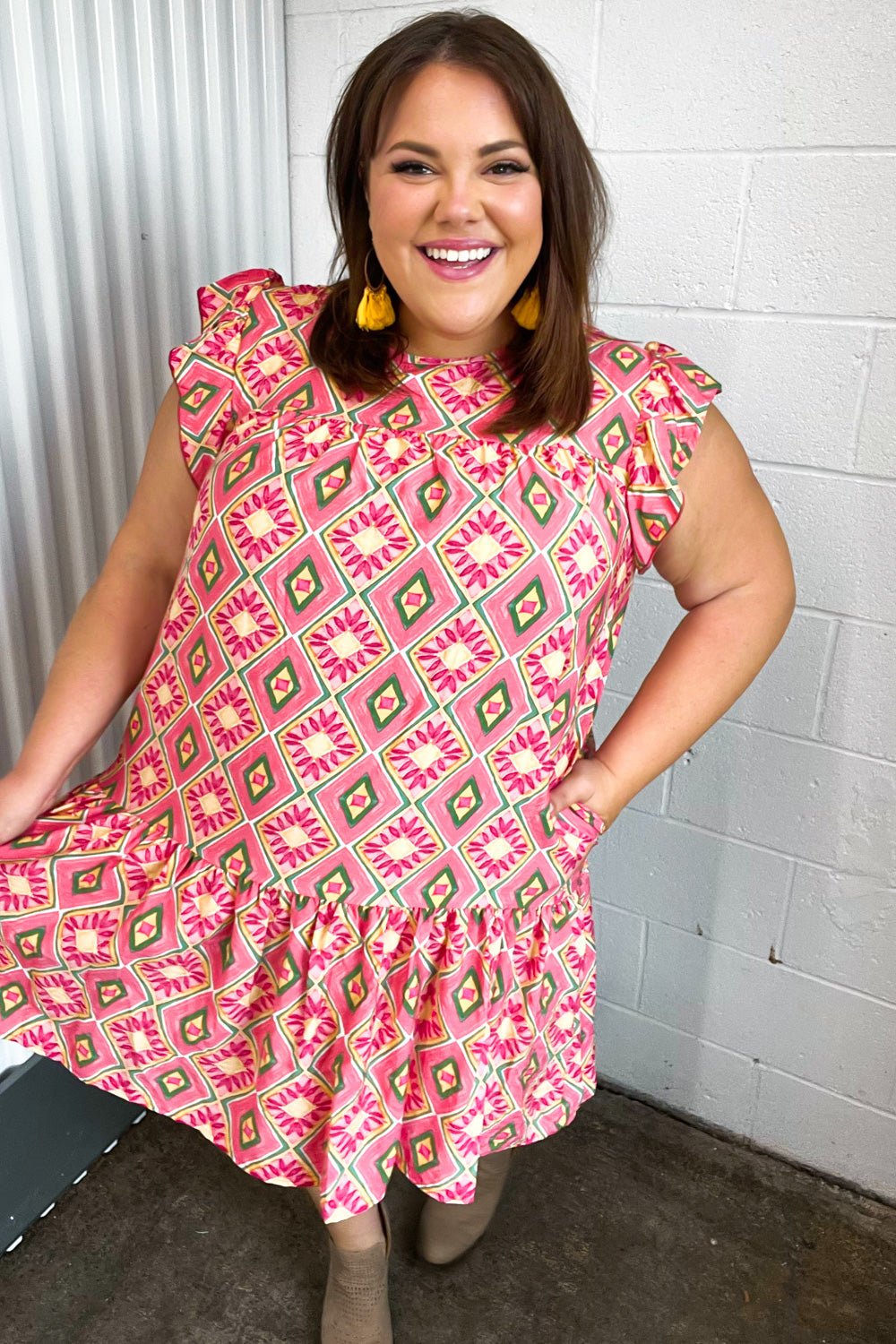 Coral Geo Boho Print Yoke Poplin Woven Dress
