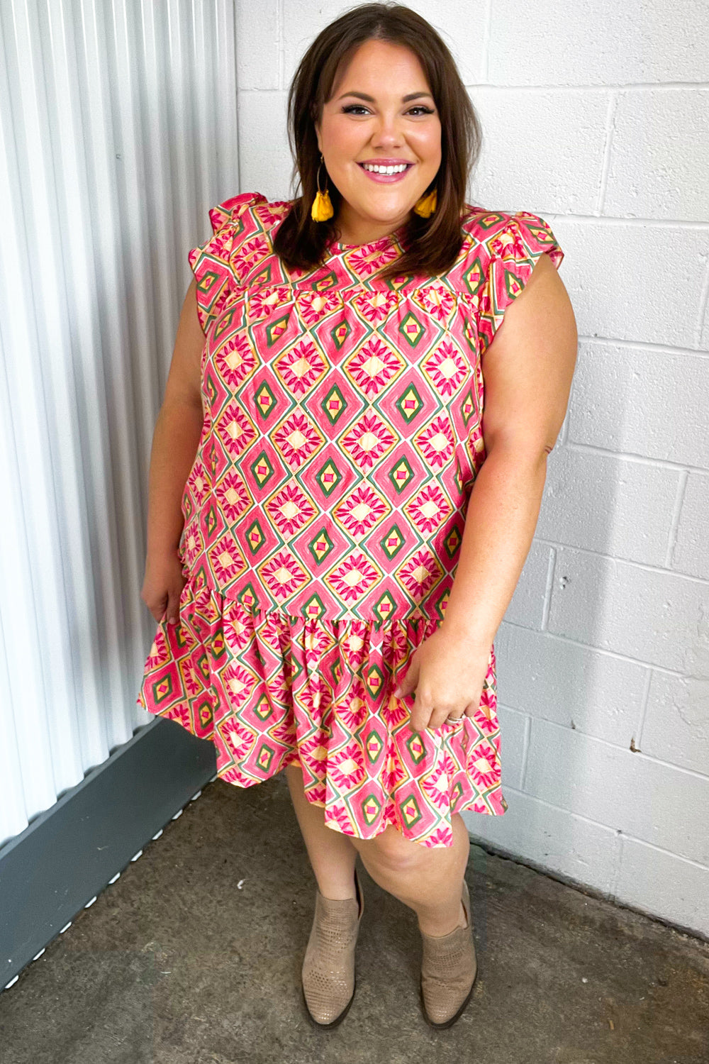 Coral Geo Boho Print Yoke Poplin Woven Dress