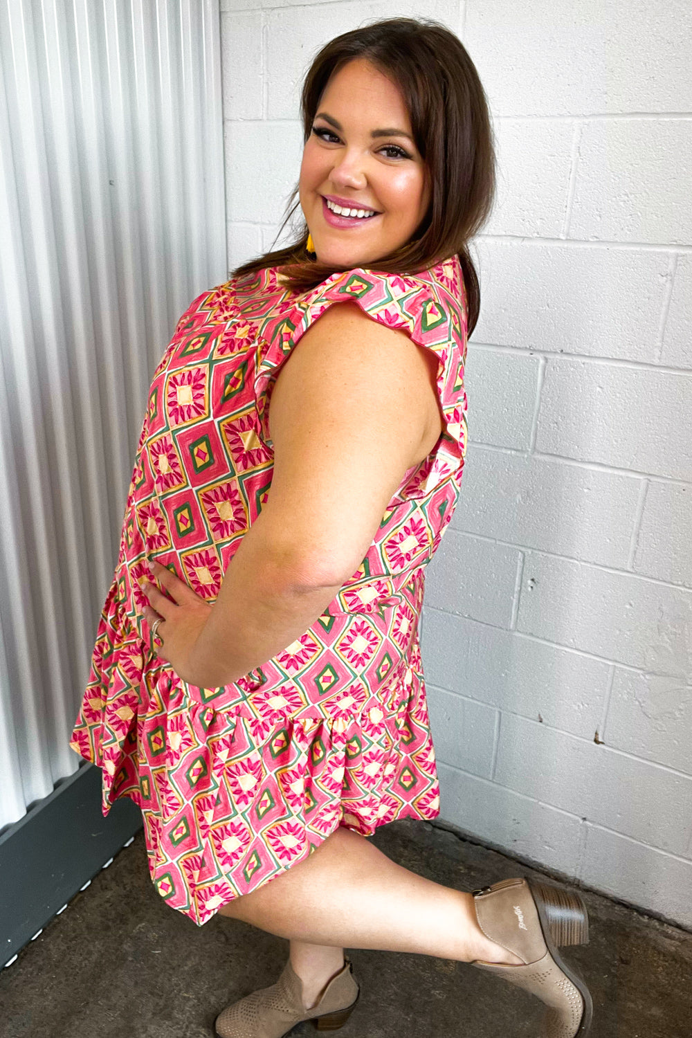 Coral Geo Boho Print Yoke Poplin Woven Dress