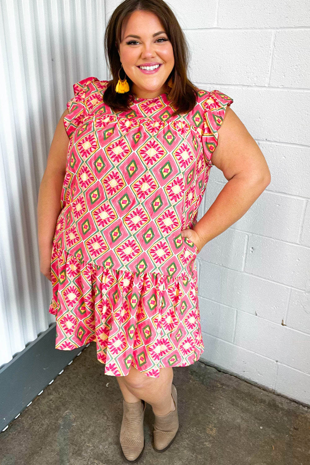 Coral Geo Boho Print Yoke Poplin Woven Dress