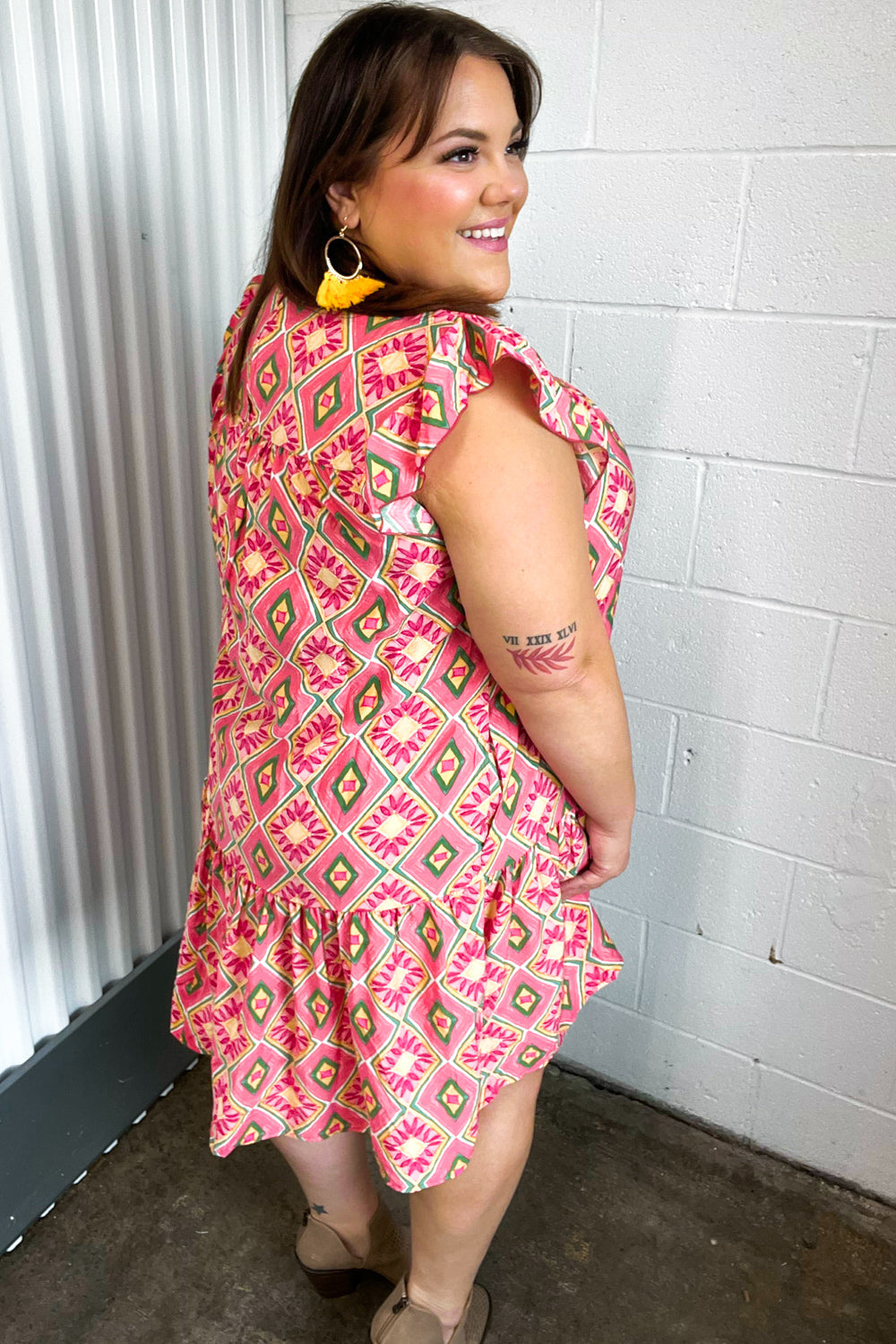 Coral Geo Boho Print Yoke Poplin Woven Dress