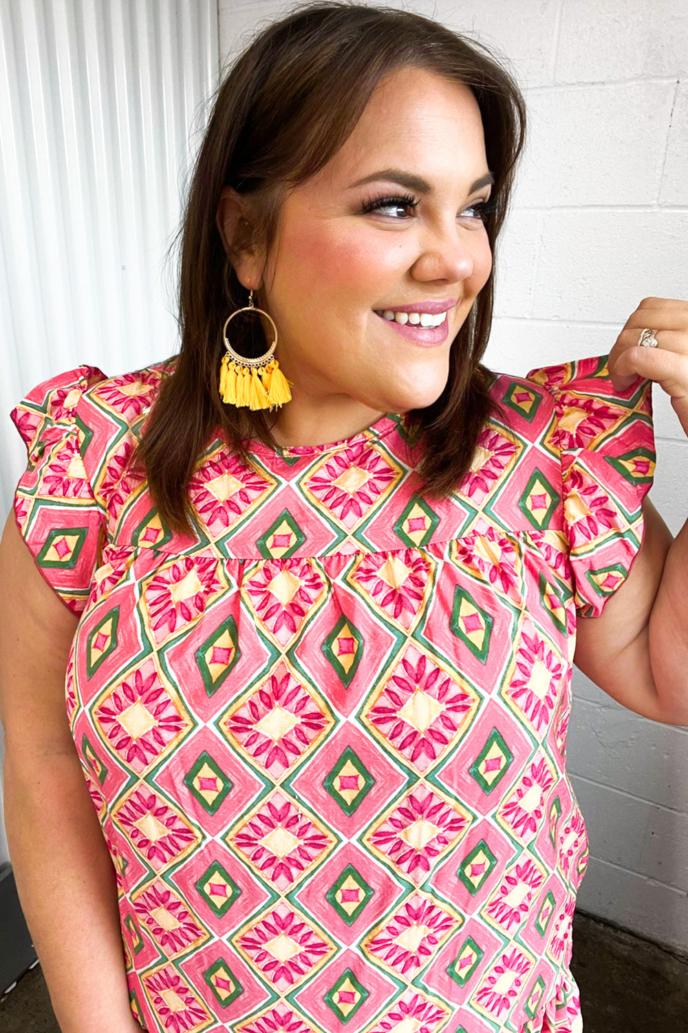 Coral Geo Boho Print Yoke Poplin Woven Dress