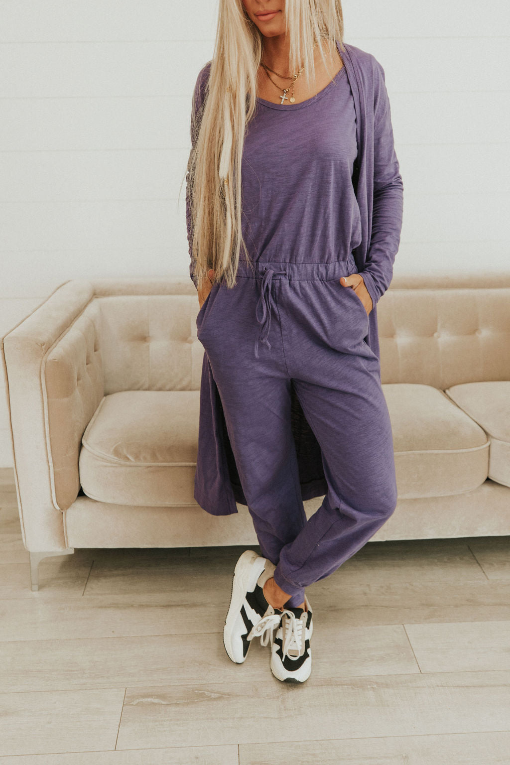 Let's Go Textured Jumpsuit And Cardigan Set