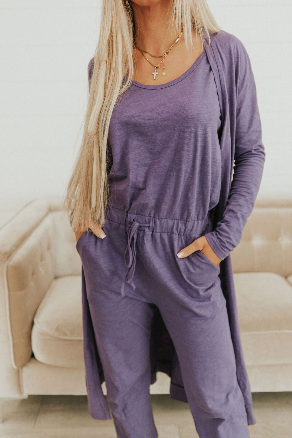 Let's Go Textured Jumpsuit And Cardigan Set