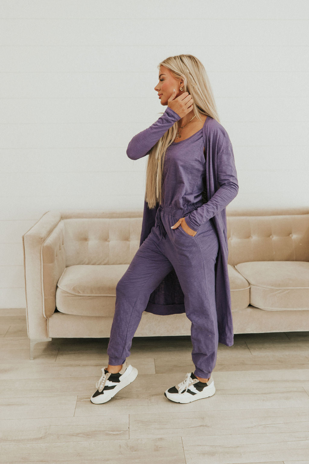 Let's Go Textured Jumpsuit And Cardigan Set