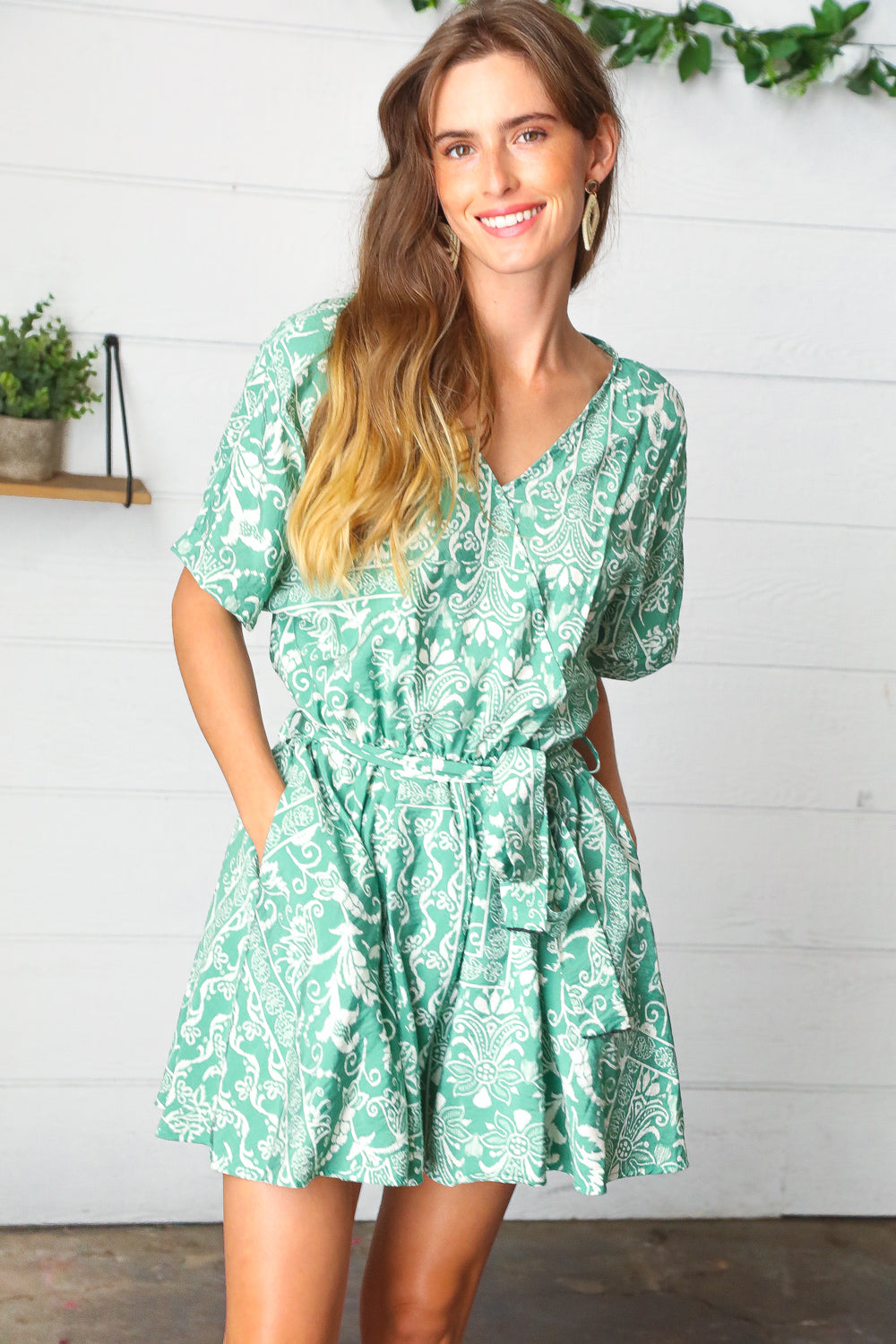 Sage Green Boho Surplice Pocketed Romper