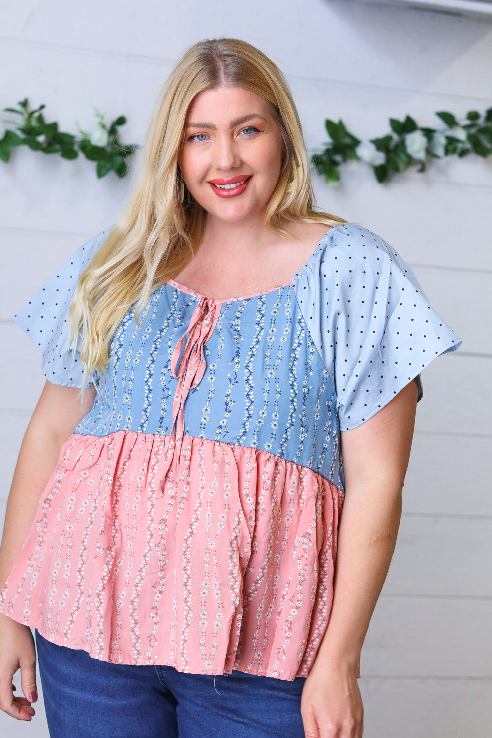 Blue & Pink Polka Dot Floral Tie Front Babydoll Top