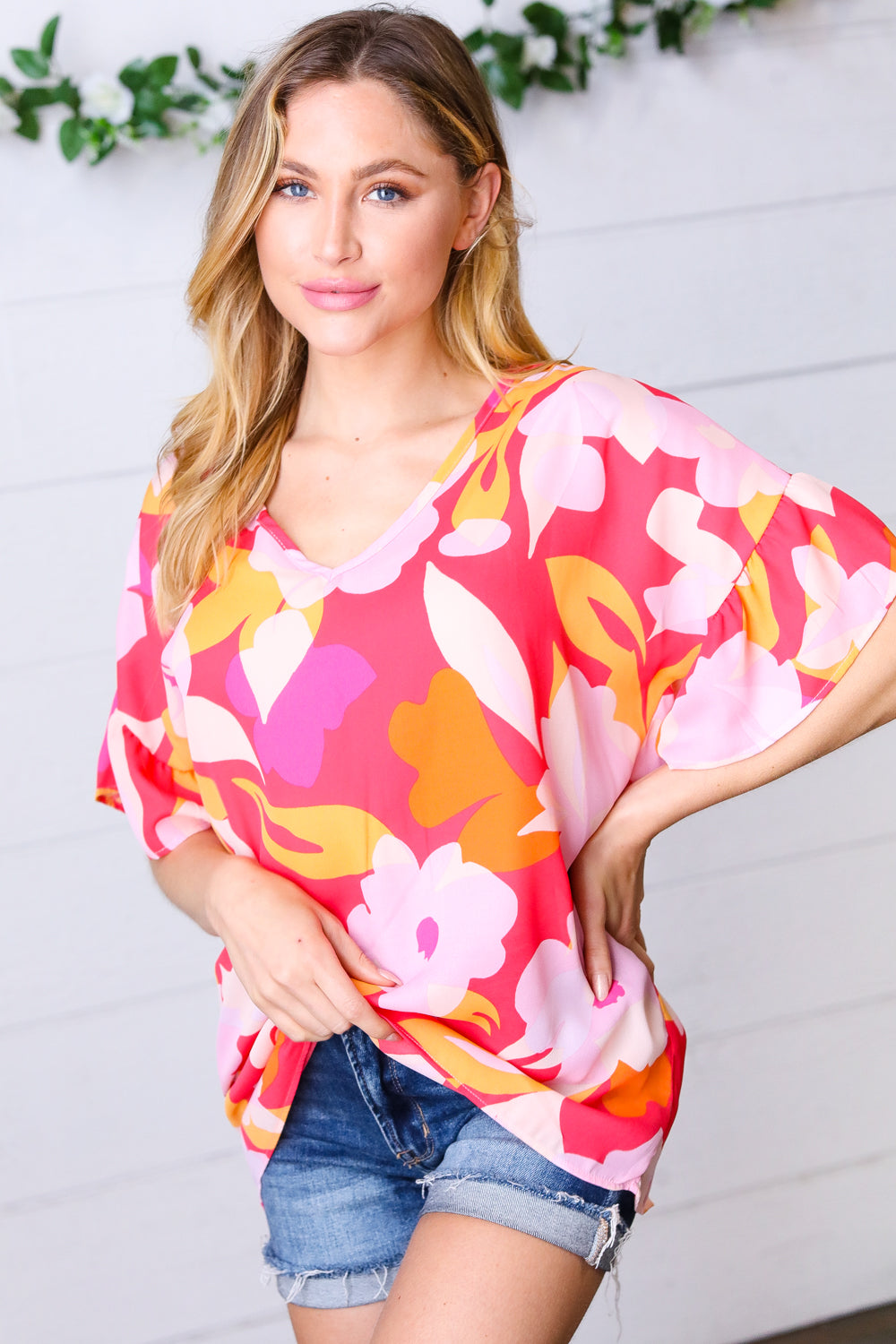 Peach & Pink Floral Dolman Ruffle Frill Sleeve Blouse