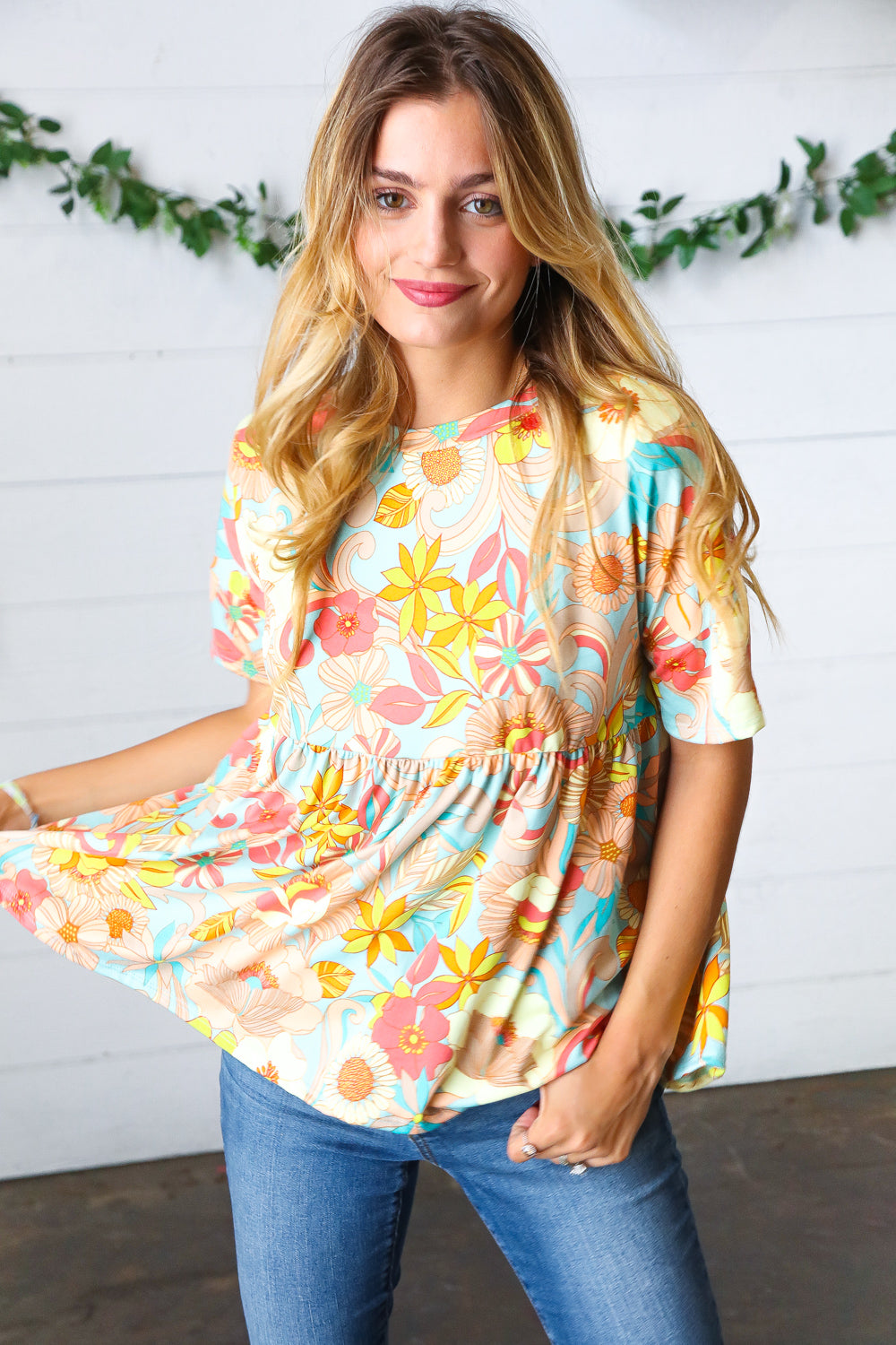 Peach & Aqua Floral Babydoll Top
