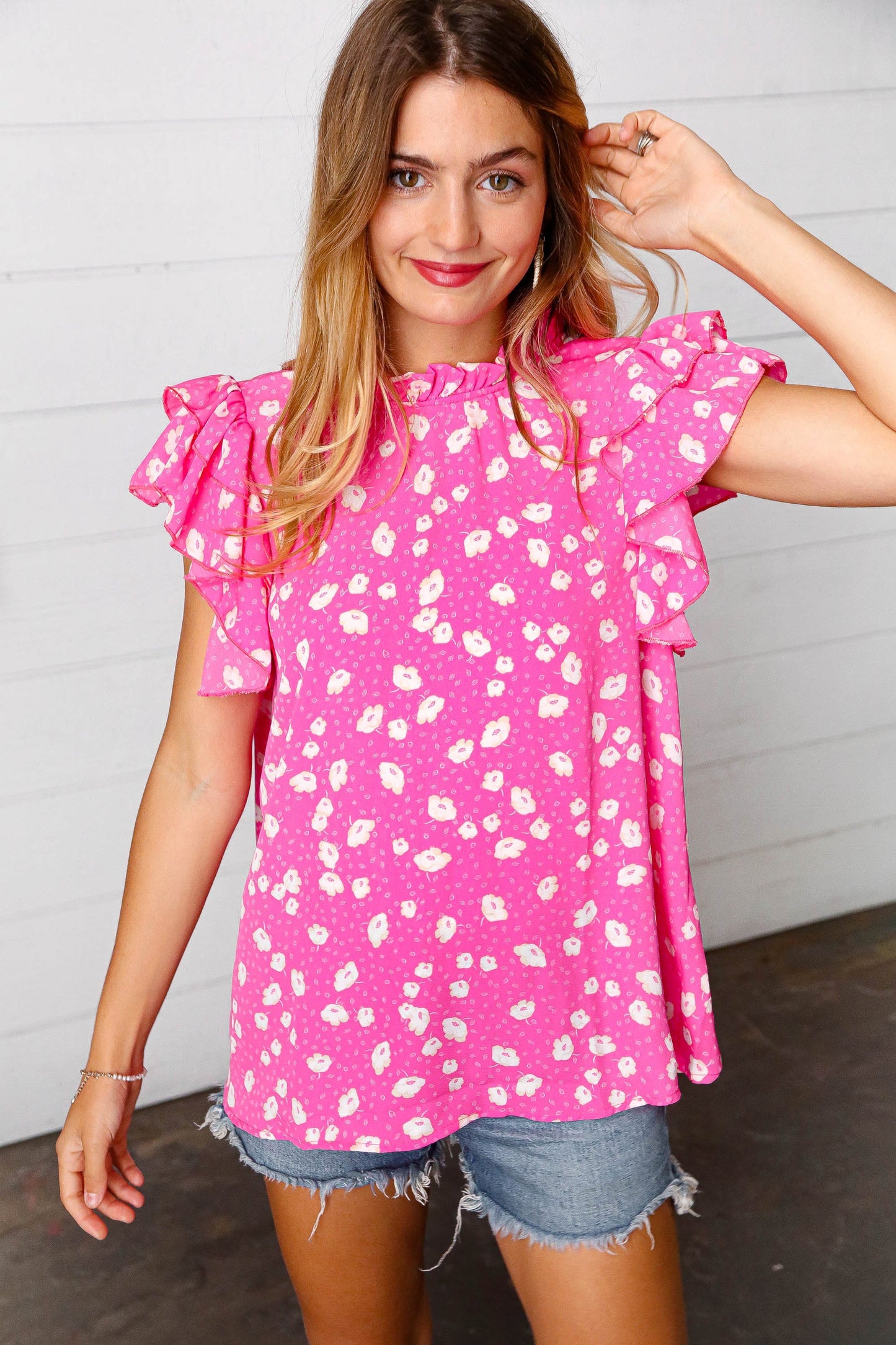 Hot Pink Floral Mock Neck Double Flutter Sleeve Top