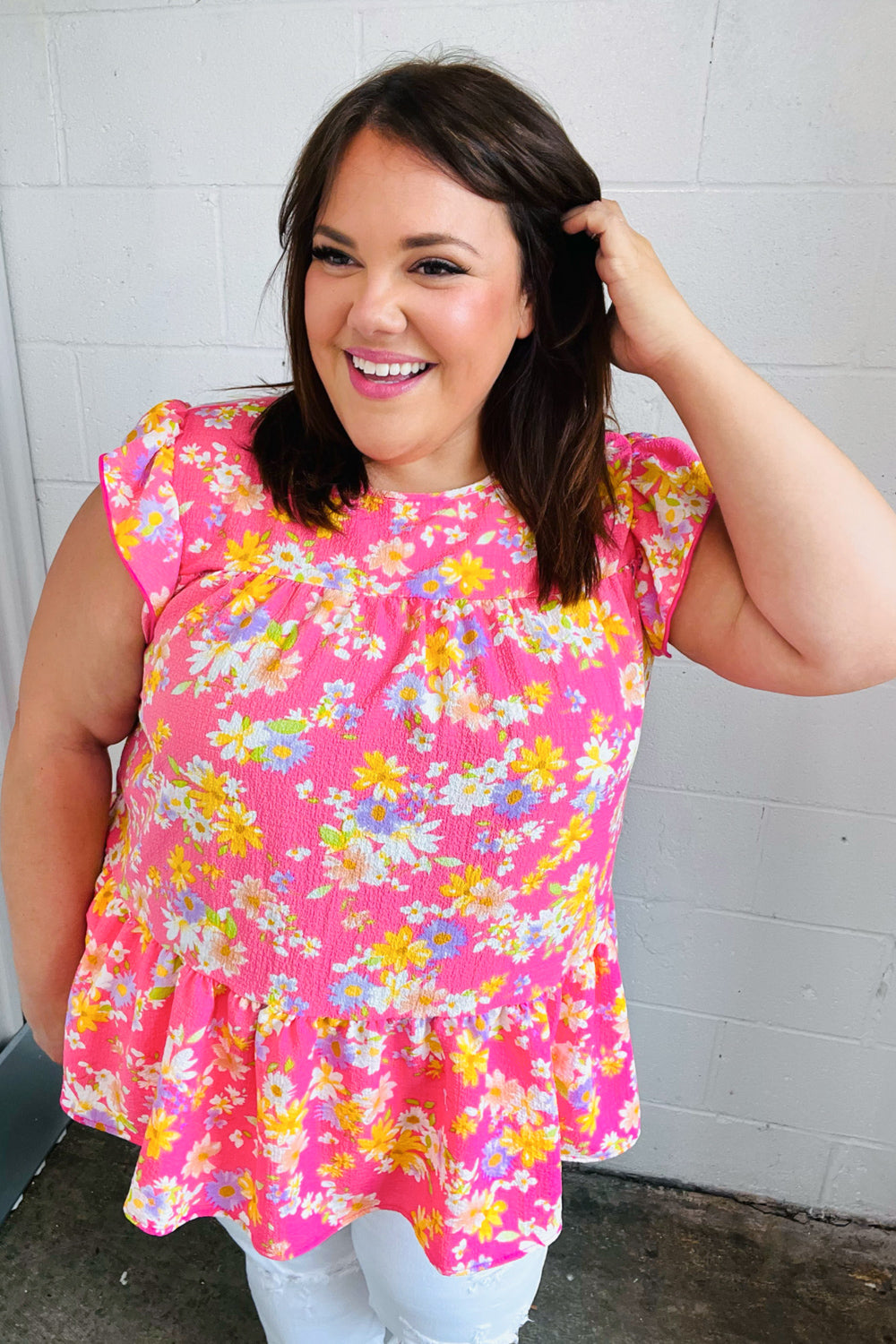 Pink Floral Yoke Flutter Sleeve Keyhole Back Top