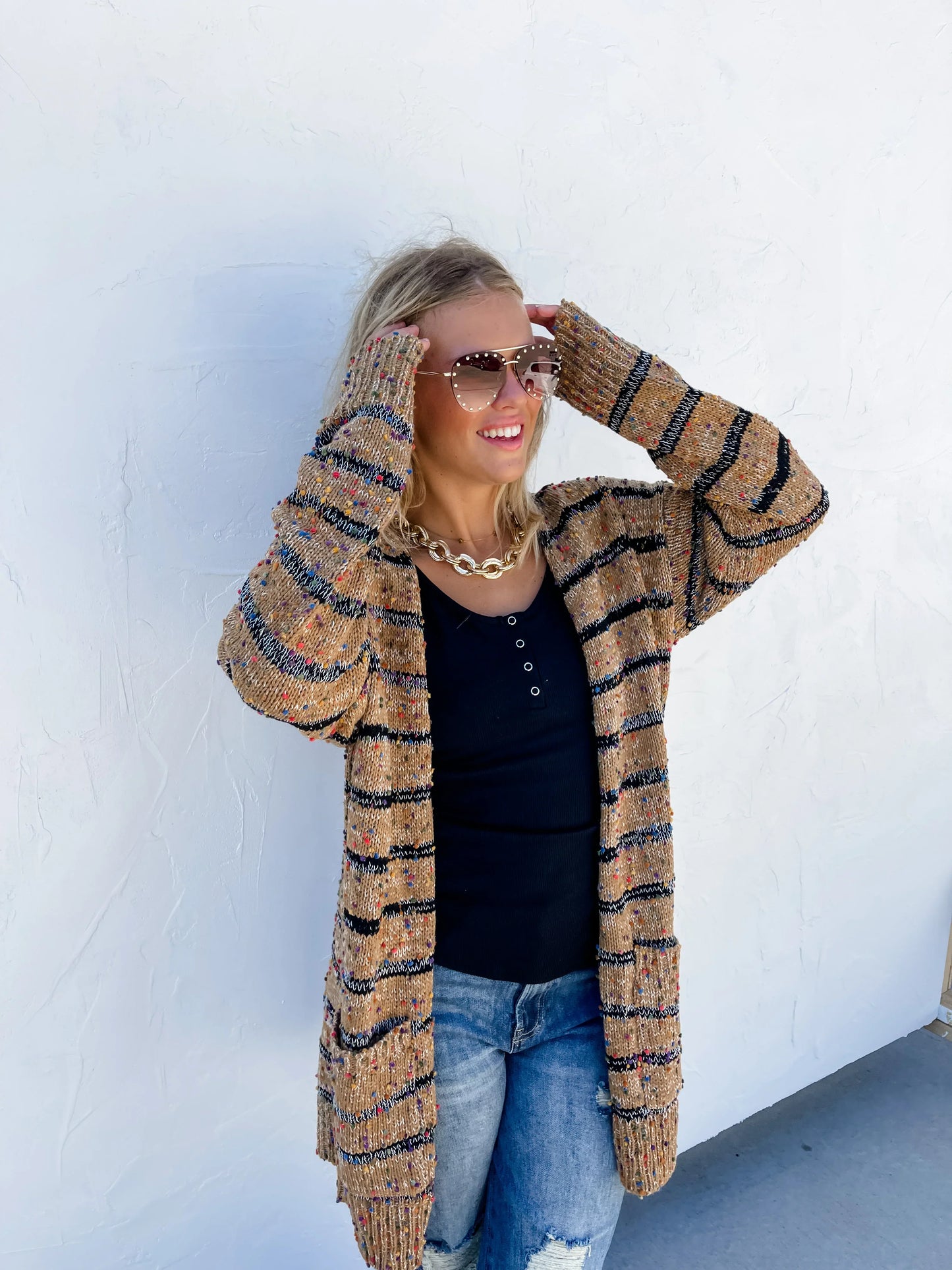 Striped Miley Dot Cardigan - Camel