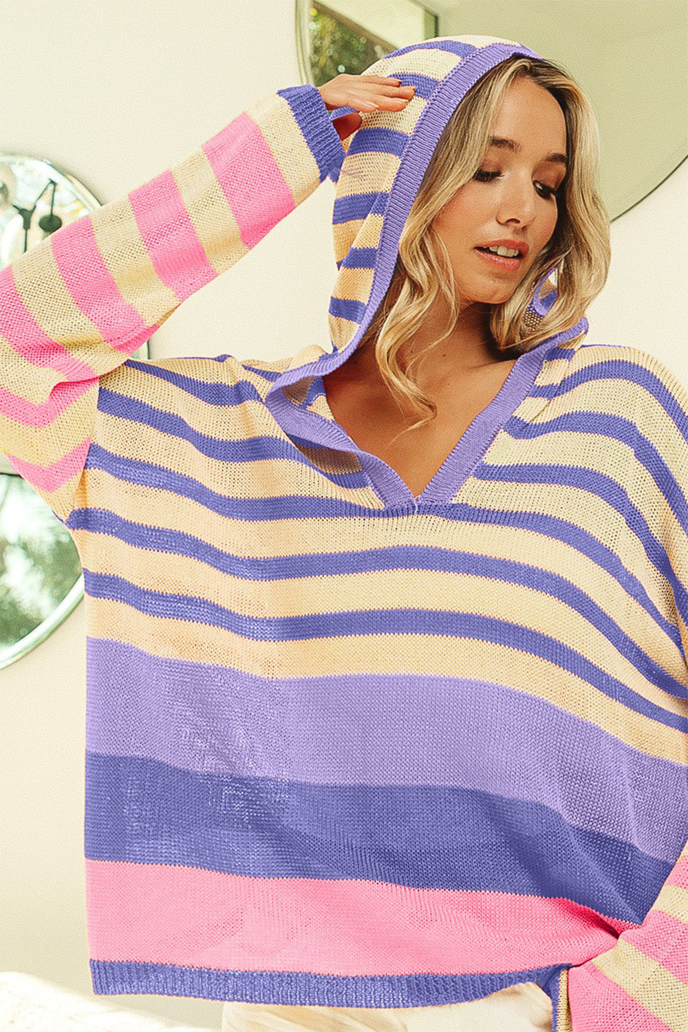 BiBi Striped Color Block Hooded Knit Top