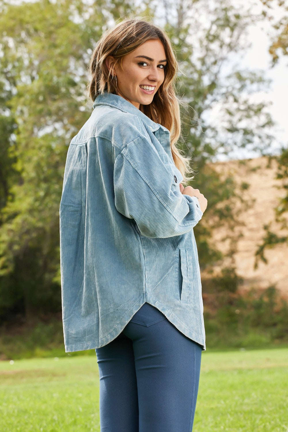 Zenana Corn Maze Full Size Vintage Washed Corduroy Shacket in Blue Grey