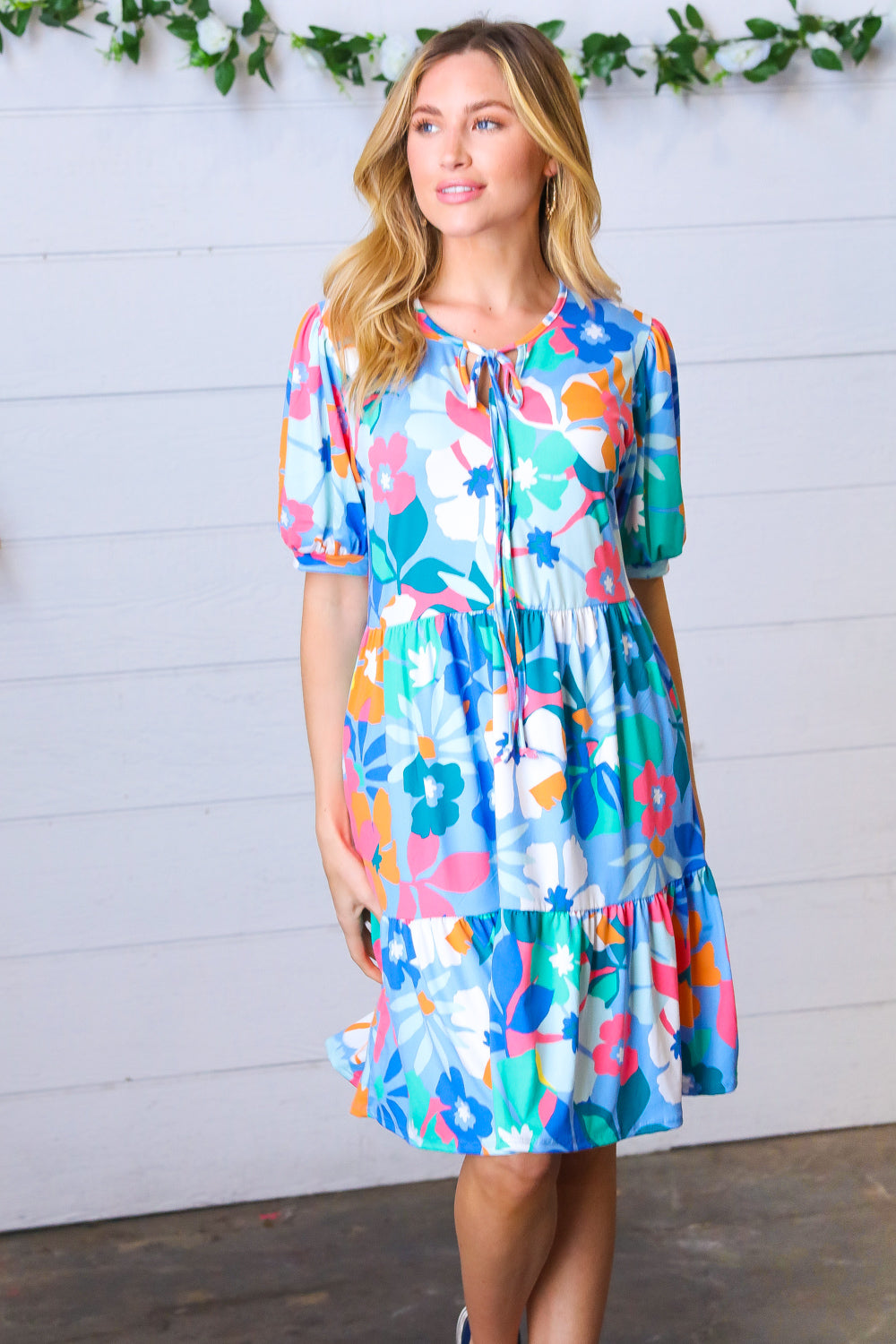 Baby Blue Flat Floral Fit & Flare V Neck Dress