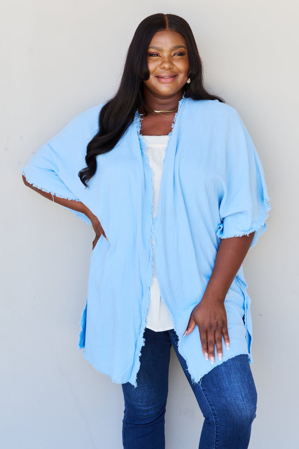HEYSON Summer is Calling Full Size Wash Gauze Open Front Kimono in Pastel Blue
