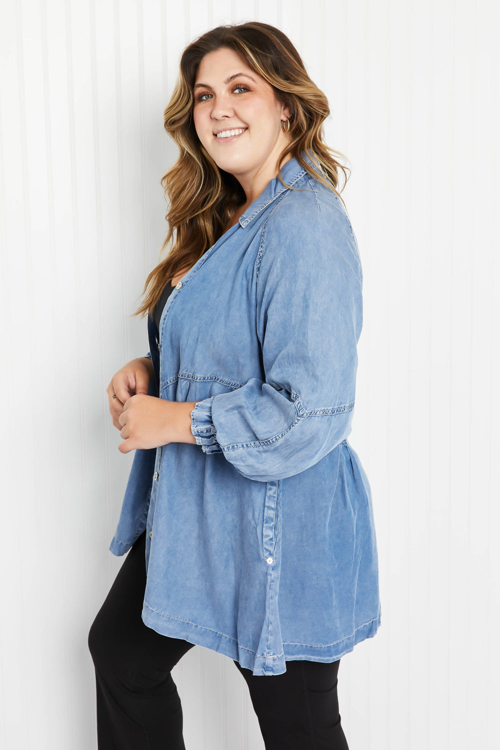 Sunflower Fields Full Size Chambray Button-Up Swing Tunic