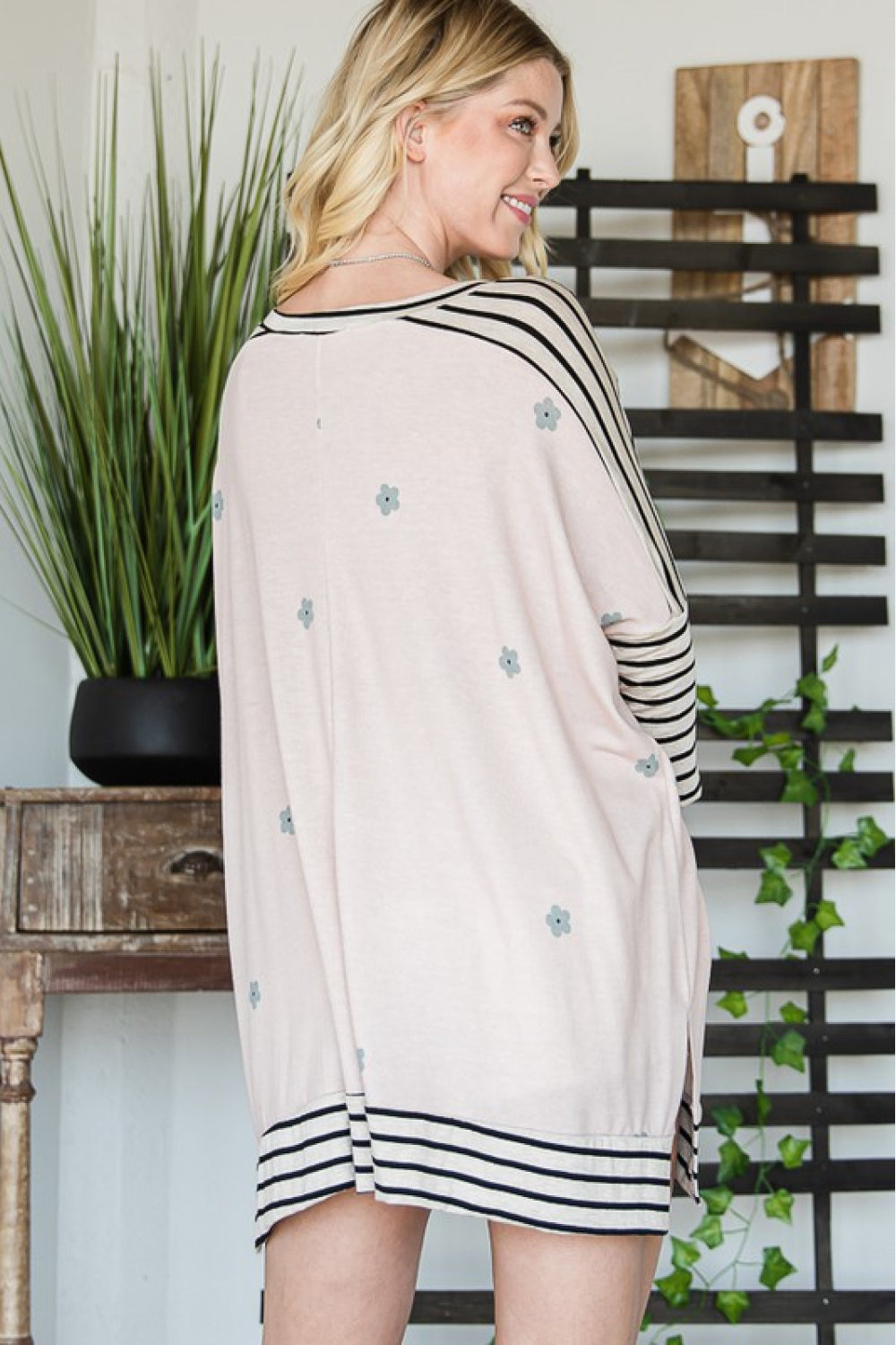 Jade By Jane Full Size Floral Striped V-Neck Slit Tunic Top