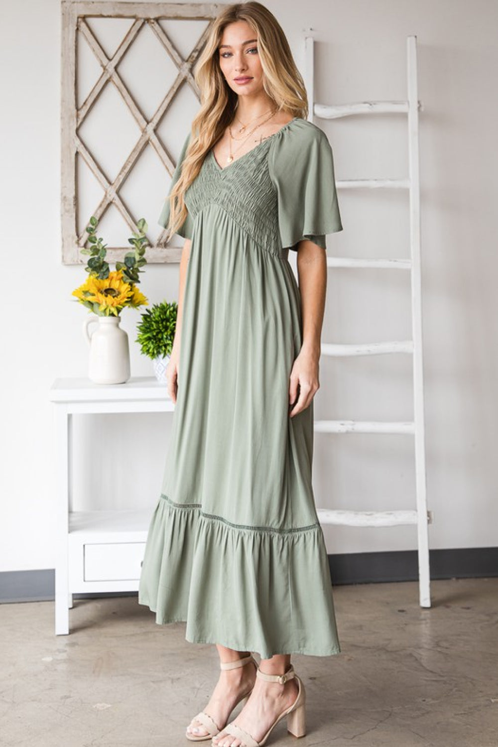 HEYSON Full Size Smocked Pocket Midi Dress in Sage