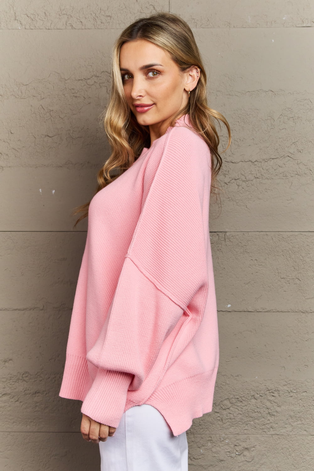 Zenana Comfort Awaits Slouchy Side Slit Sweater in Pink