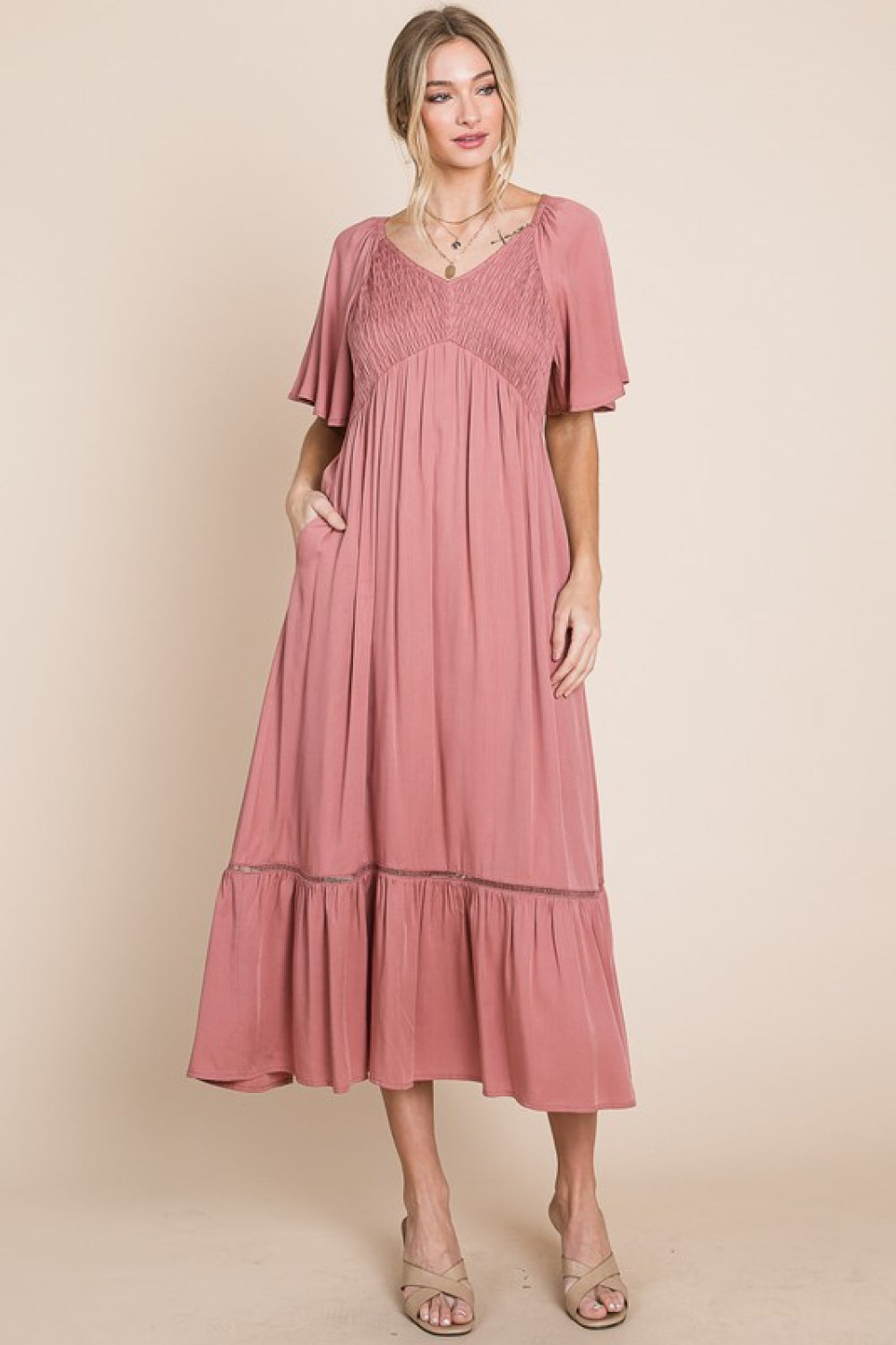HEYSON Full Size Smocked Pocket Midi Dress in Rouge Pink