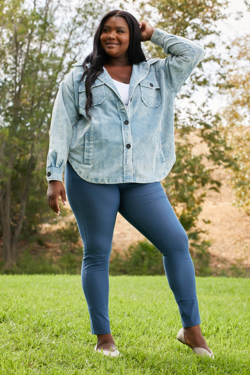Zenana Corn Maze Full Size Vintage Washed Corduroy Shacket in Blue Grey
