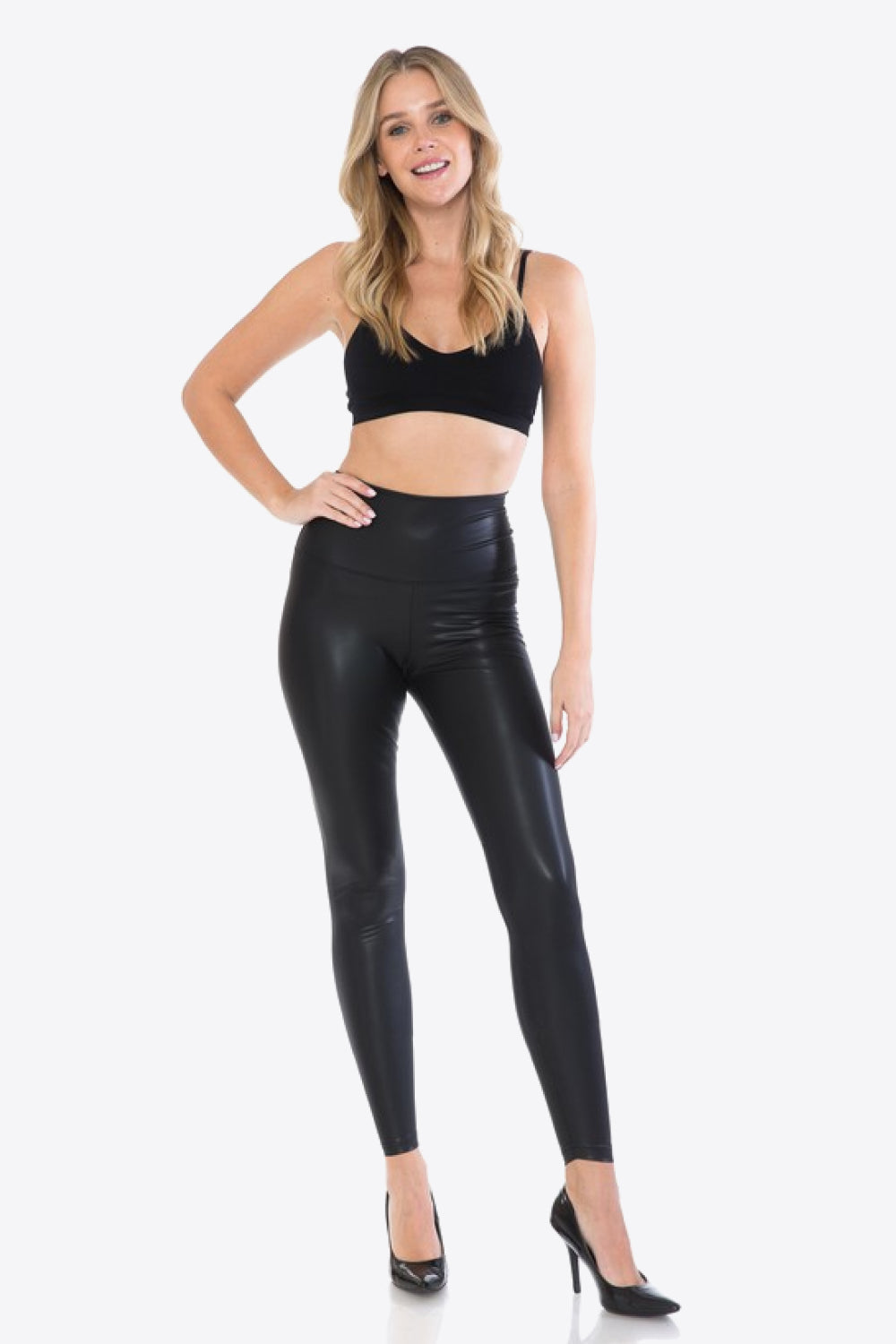 LOVEIT Full Size PU Leather Wide Waistband Leggings in Black