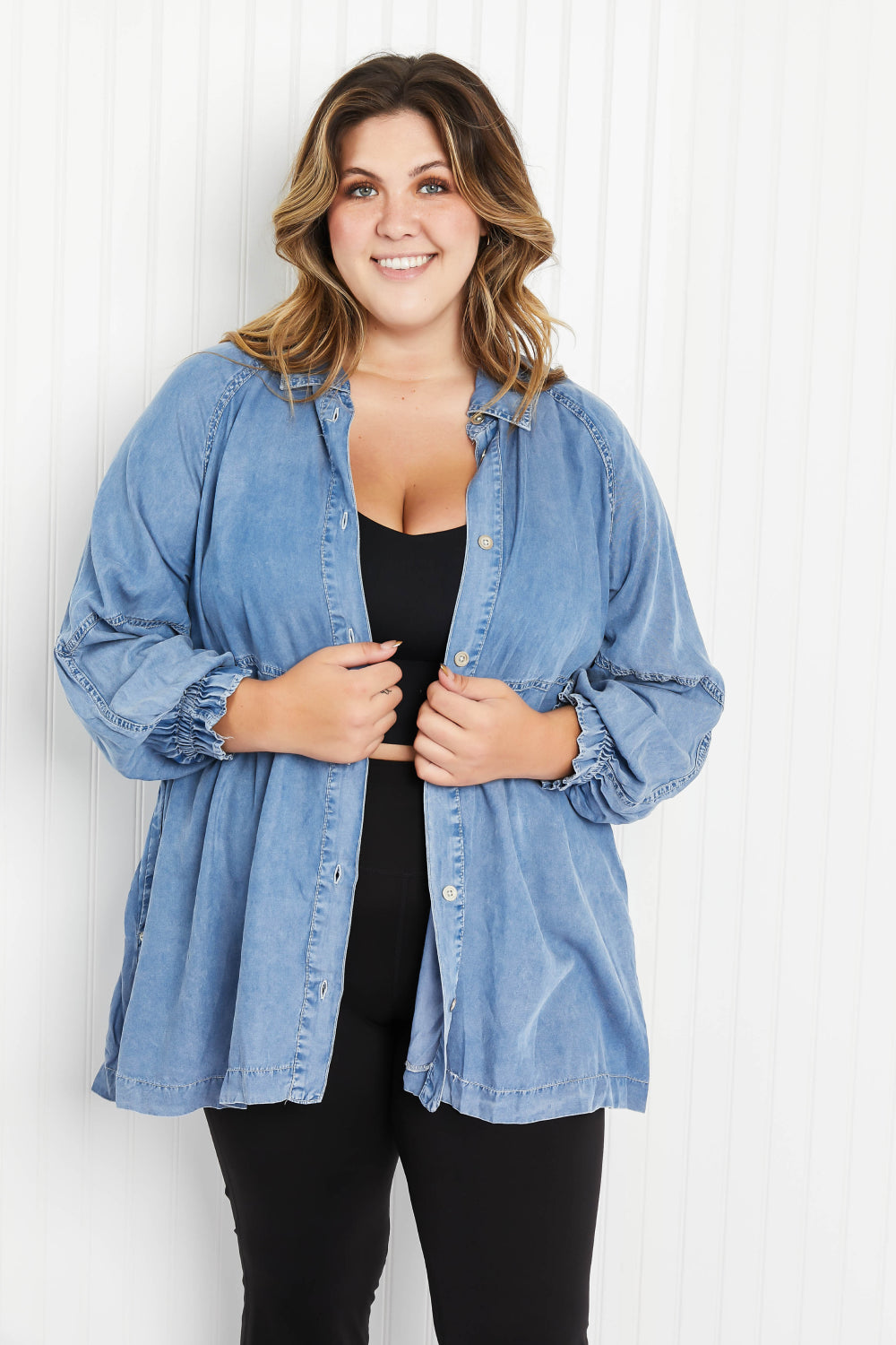 Sunflower Fields Full Size Chambray Button-Up Swing Tunic