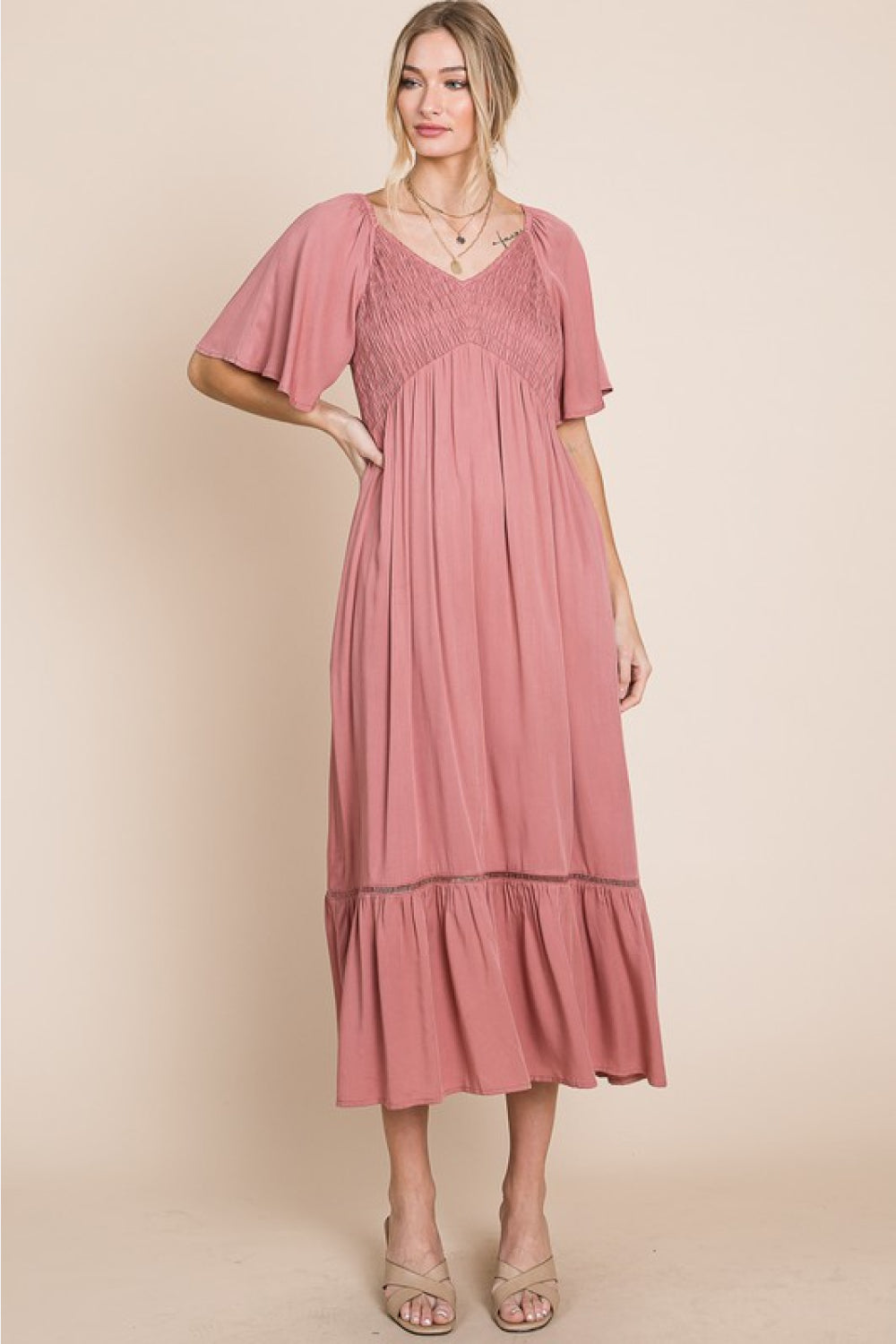 HEYSON Full Size Smocked Pocket Midi Dress in Rouge Pink