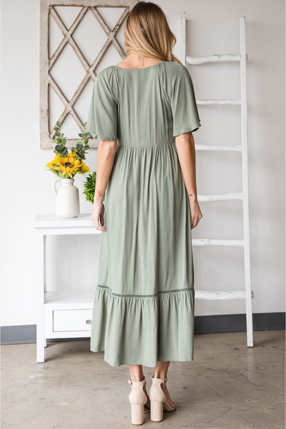 HEYSON Full Size Smocked Pocket Midi Dress in Sage