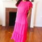 Perfectly You Hot Pink Mock Neck Tiered Chiffon Maxi Dress