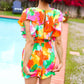 Under The Sun Abstract Floral Smocked Waist V Neck Flutter Sleeve Romper