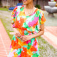 Under The Sun Abstract Floral Smocked Waist V Neck Flutter Sleeve Romper