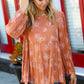 Rust Boho Crinkle Floral Button Back Tiered Top