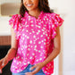 Hot Pink Floral Mock Neck Double Flutter Sleeve Top