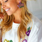 Mardi Gras Sequin & Beaded Crown Dangle Earrings