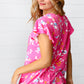 Pink Floral Print Ruffle Short Sleeve Yoke Top
