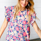 Peach/Navy Floral Chiffon Smocked Ruffle Sleeve Top