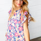 Peach/Navy Floral Chiffon Smocked Ruffle Sleeve Top