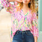 Life's A Party Fuchsia & Yellow Abstract Print V Neck Top