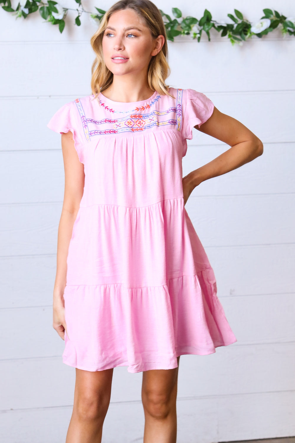 Baby Pink Embroidered Tiered Lined Dress