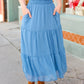 Look of Love Denim Blue Smocked Waist Tiered Chiffon Skirt