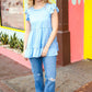 Blue Pointelle Babydoll Ruffle Flutter Sleeve Top