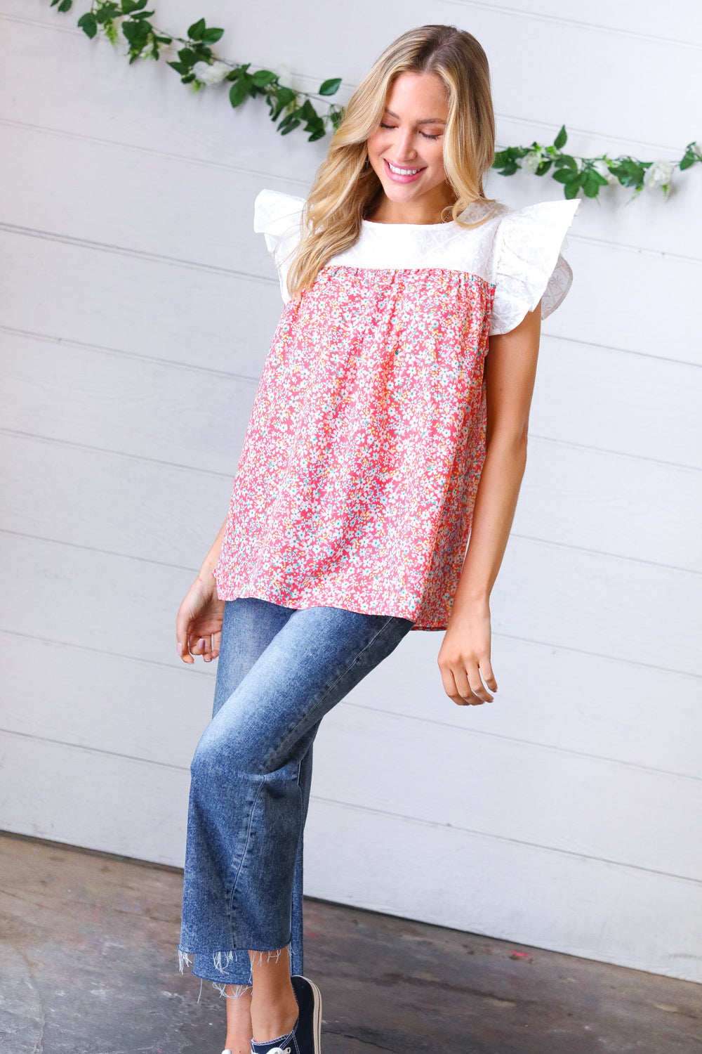 Coral & White Floral Embroidered Yoke Top